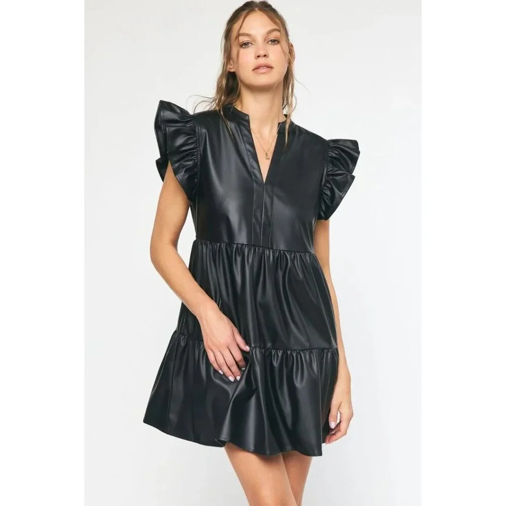 Entro Black Faux Leather Tiered Ruffle Sleeve V-neck Mini Dress Size Medium - Picture 3 of 10